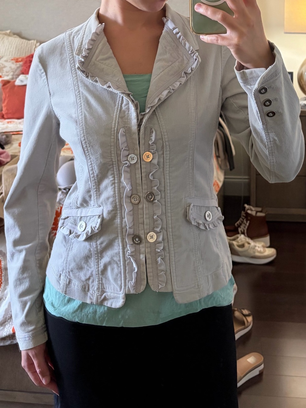 White House Black Market Light Gray Ruffle-Trim Button Jacket